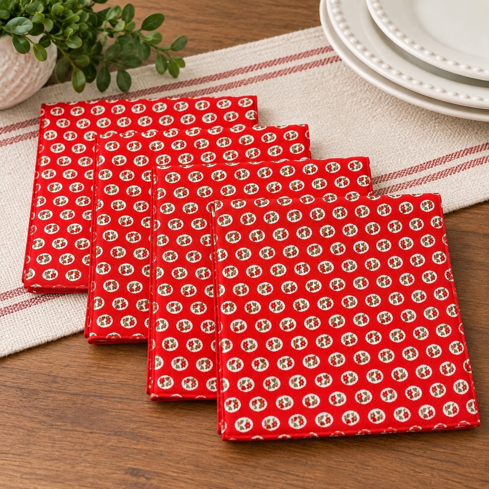Vintage York Country Red Floral Cloth Napkins 4 Set Retro Farmhouse Cottagecore